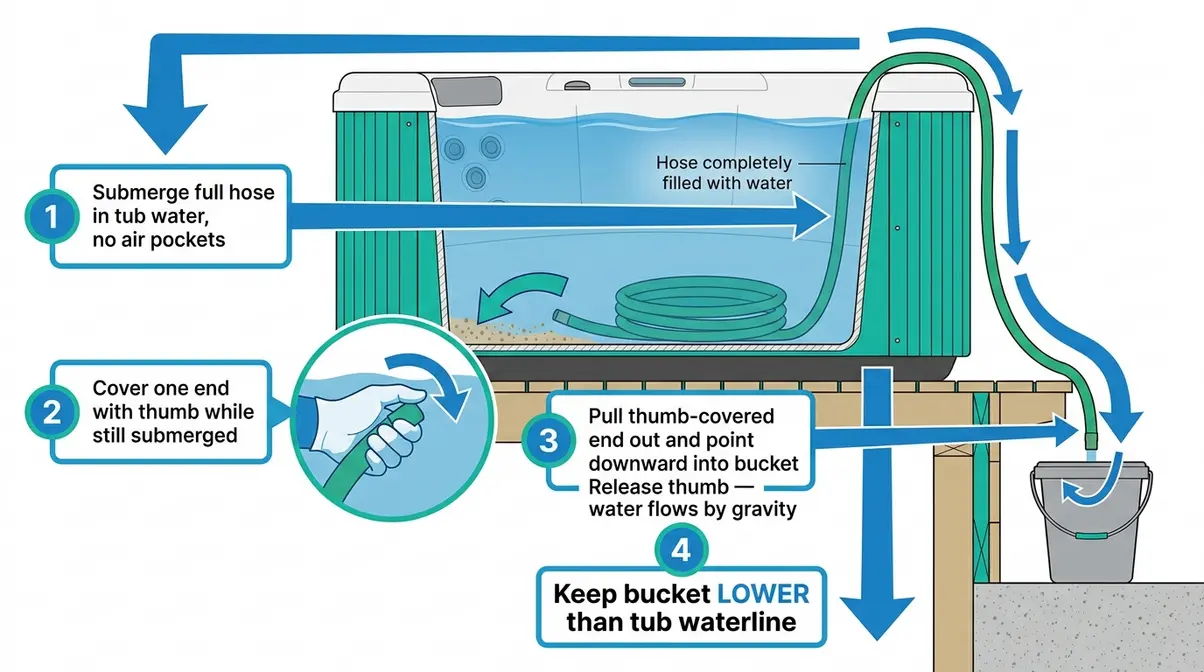 How to Get Sand Out of a Hot Tub: 7 Fast Methods 9 Step-by-step diagram of garden hose siphon setup removing sand from hot tub with water flow arrows