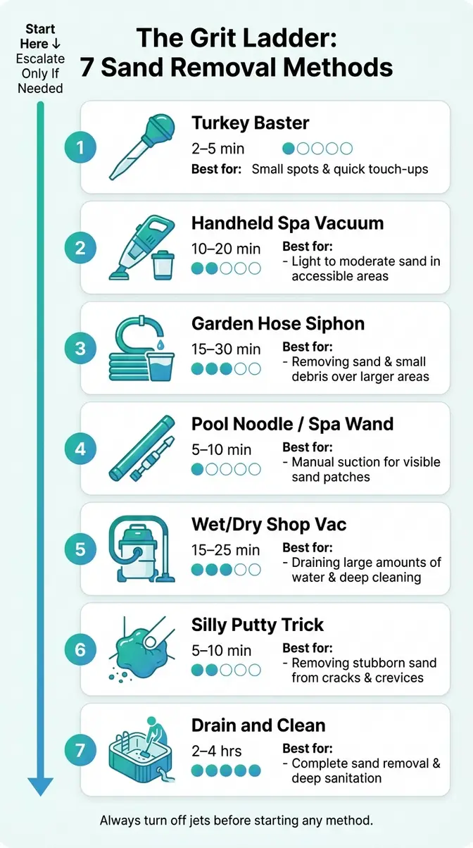 How to Get Sand Out of a Hot Tub: 7 Fast Methods 6 Vertical infographic ranking 7 hot tub sand removal methods from turkey baster to full drain by time and effort