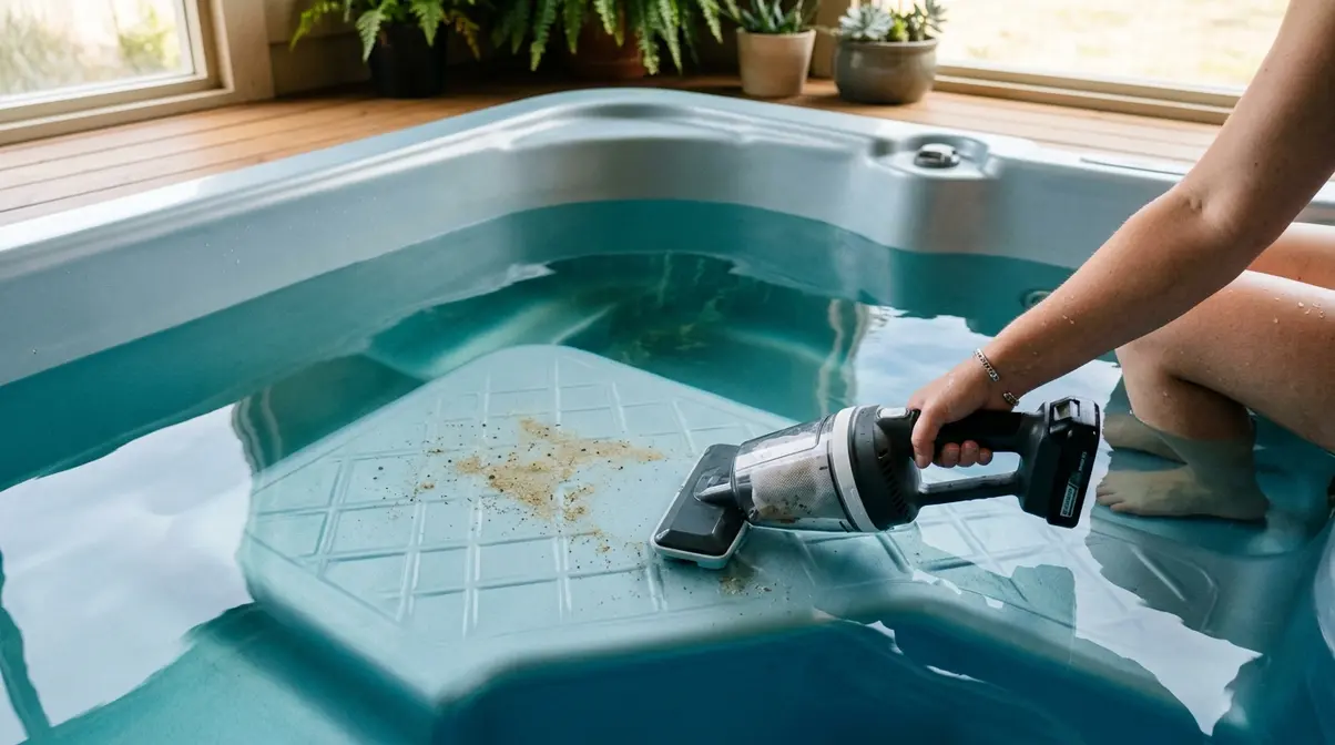 How to Get Sand Out of a Hot Tub: 7 Fast Methods 8 Handheld spa vacuum moving in slow overlapping passes across hot tub floor to remove sand deposits