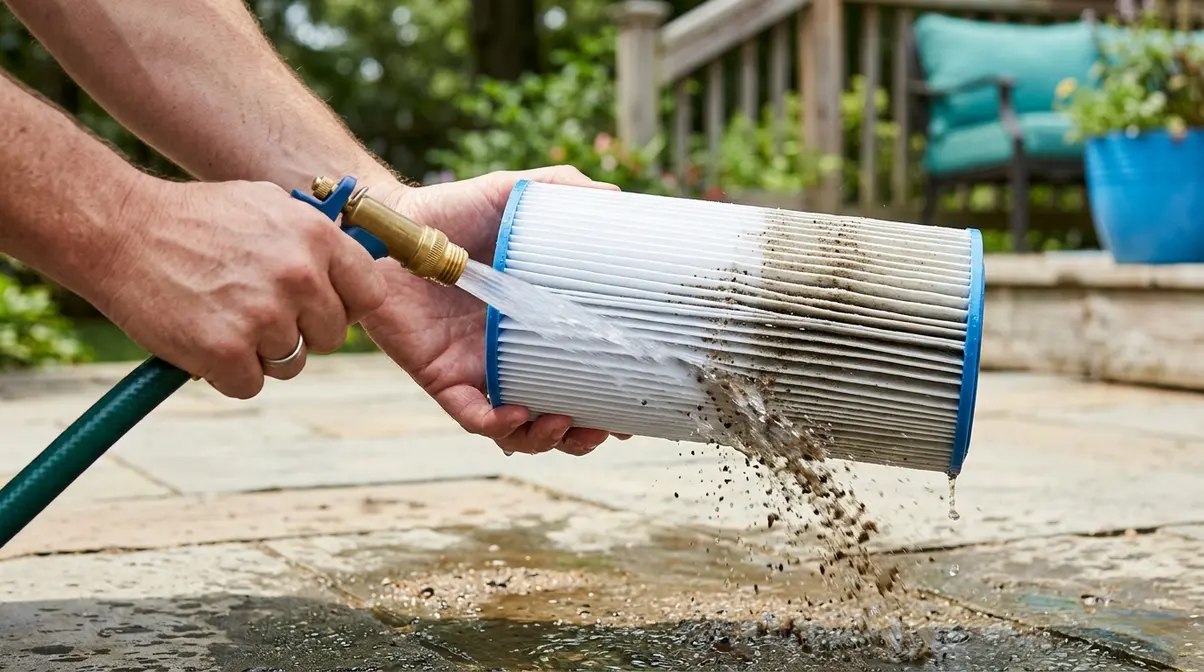 How to Get Sand Out of a Hot Tub: 7 Fast Methods 11 Garden hose rinsing sandy grit from hot tub filter cartridge pleats after sand removal session