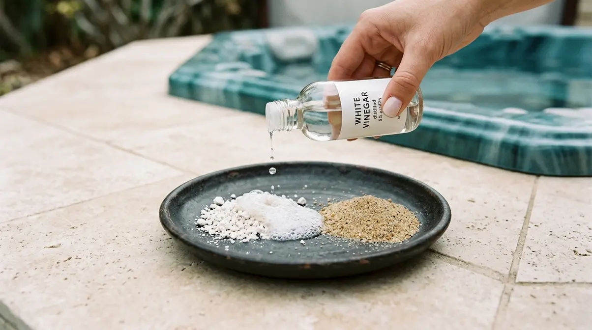 How to Get Sand Out of a Hot Tub: 7 Fast Methods 1 Vinegar test on hot tub grit showing fizzing calcium scale versus non-reactive sand on dark plate