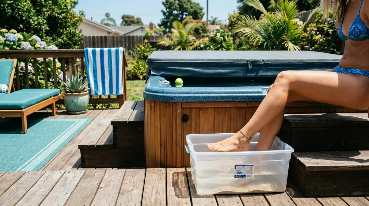 How to Get Sand Out of a Hot Tub: 7 Fast Methods 5 Foot rinse station beside hot tub steps with covered hot tub and tennis ball visible for sand prevention