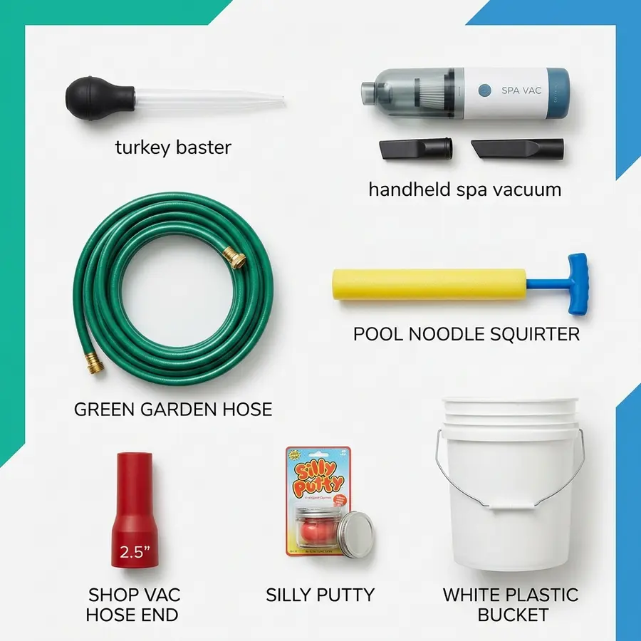 How to Get Sand Out of a Hot Tub: 7 Fast Methods 4 Flat-lay of hot tub sand removal tools including turkey baster, spa vacuum, garden hose, and shop vac