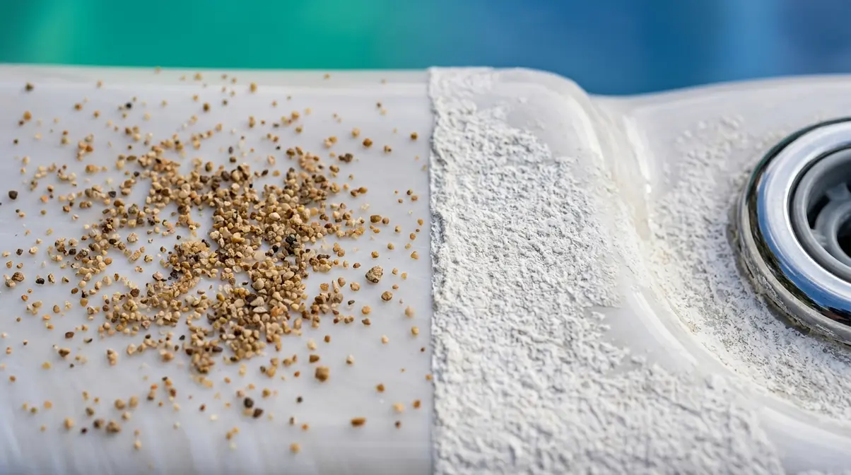 How to Get Sand Out of a Hot Tub: 7 Fast Methods 3 Macro comparison of loose tan sand grit versus white chalky calcium scale bonded to hot tub shell surface