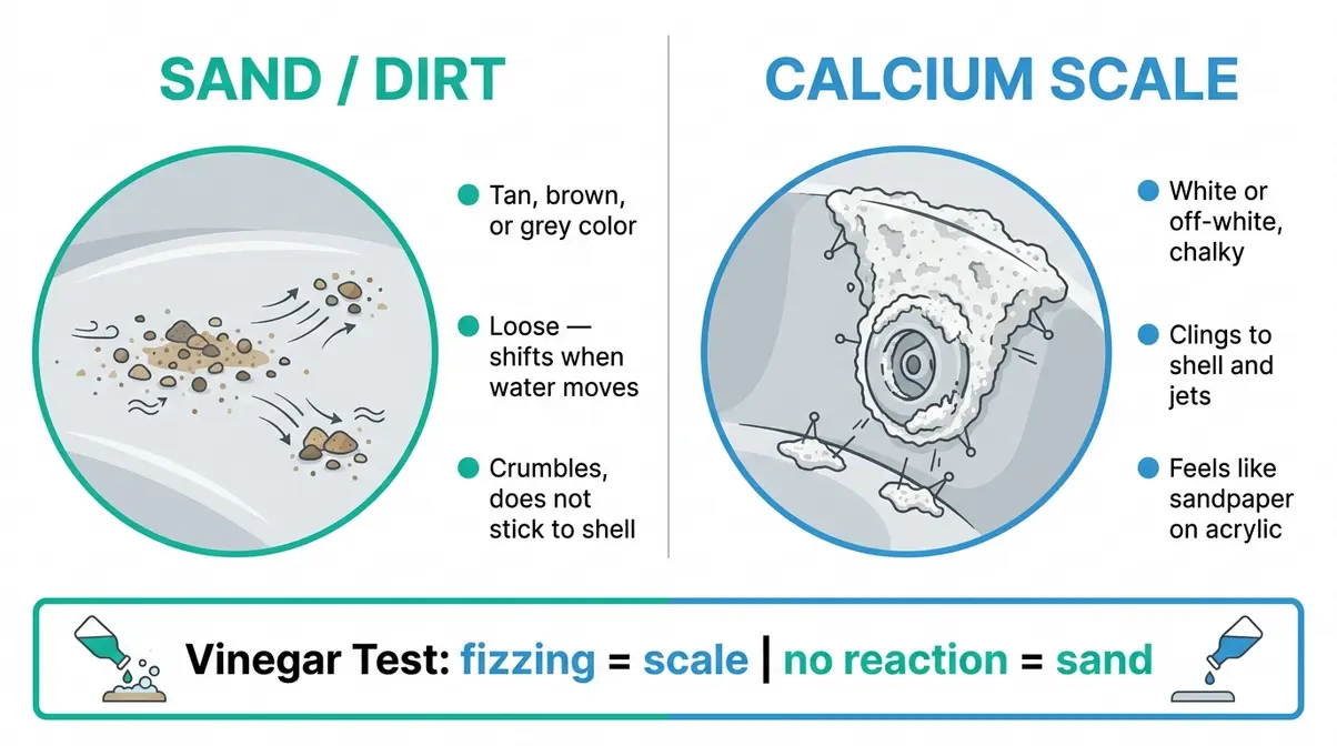 How to Get Sand Out of a Hot Tub: 7 Fast Methods 2 Side-by-side diagram comparing loose sand grit versus white calcium scale deposits in a hot tub