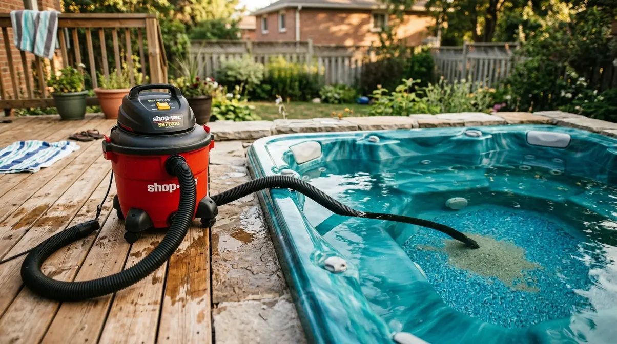 How to Get Sand Out of a Hot Tub: 7 Fast Methods 10 Wet dry shop vac hose submerged in hot tub removing heavy sand deposits from the floor