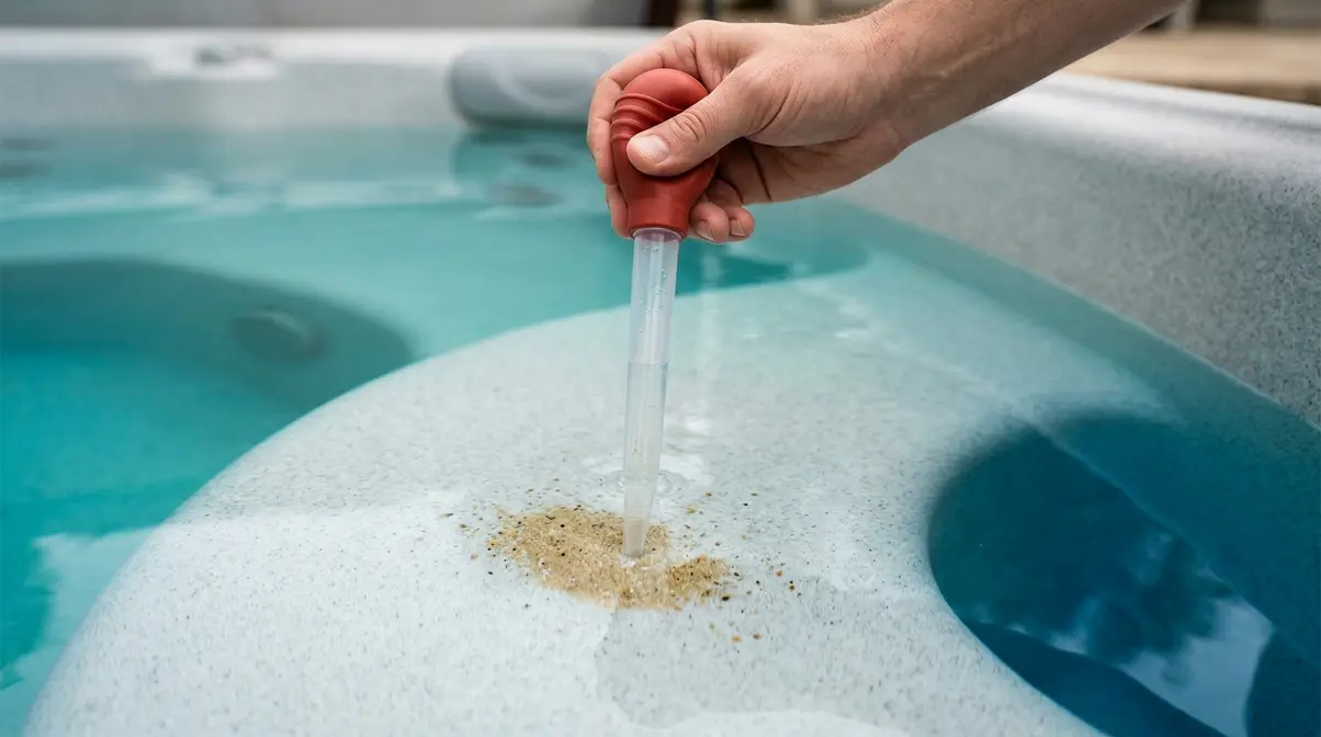 How to Get Sand Out of a Hot Tub: 7 Fast Methods 7 Hand using turkey baster to suction sand grit from hot tub floor with still clear water