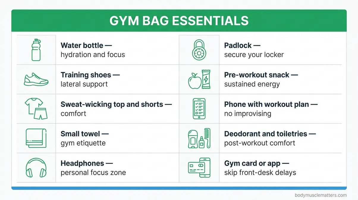 Gym bag essentials checklist infographic for beginners going to the gym alone