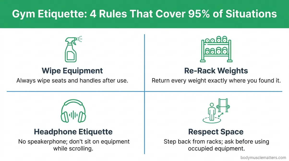Gym etiquette guide for solo beginners showing four essential rules as illustrated reference card