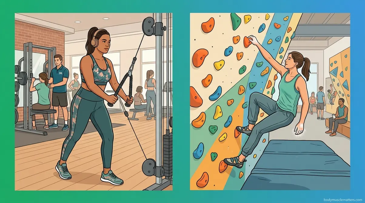 Woman going to the gym alone safely and solo climber at bouldering gym for beginners