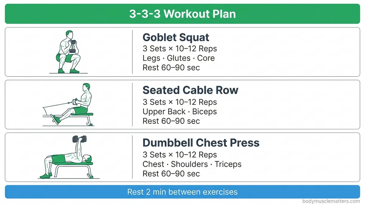 Beginner gym workout plan with illustrated form cues for goblet squat, cable row, and chest press