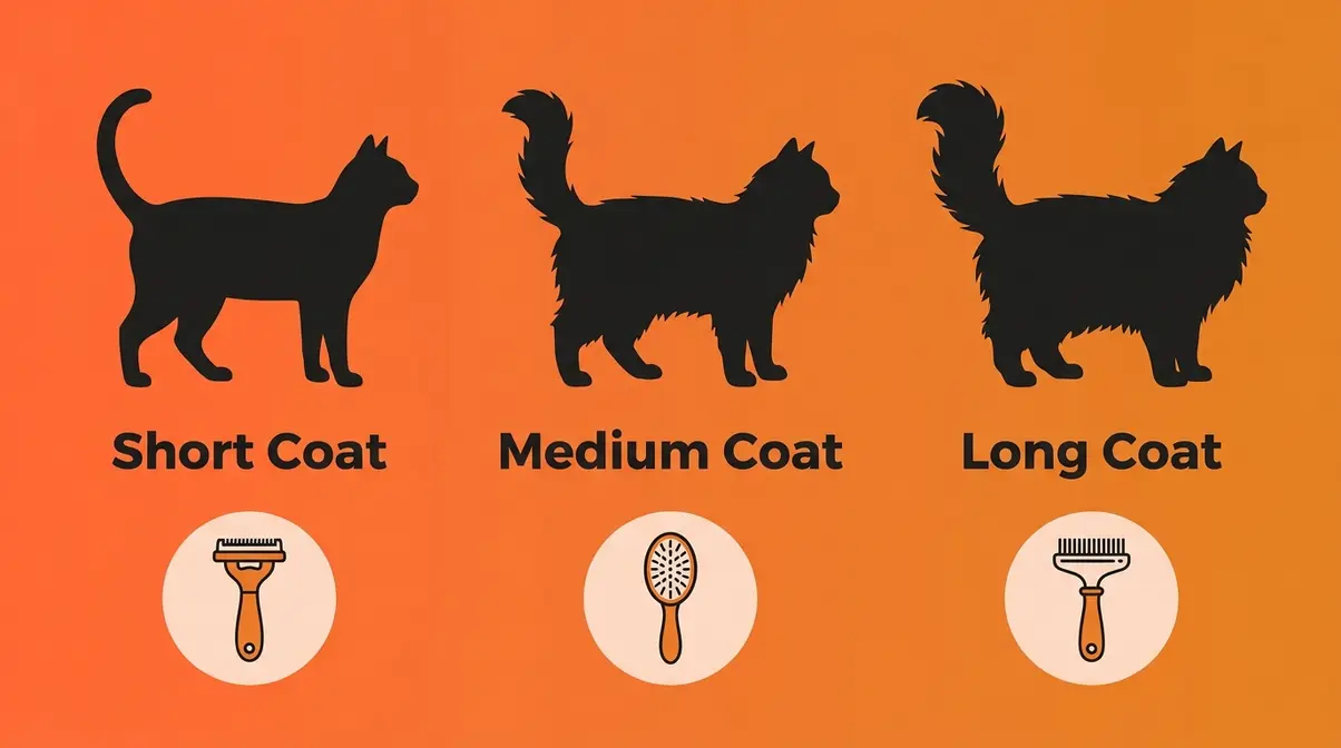 Illustration matching three cat coat types — short, medium, and long — to their correct brush types