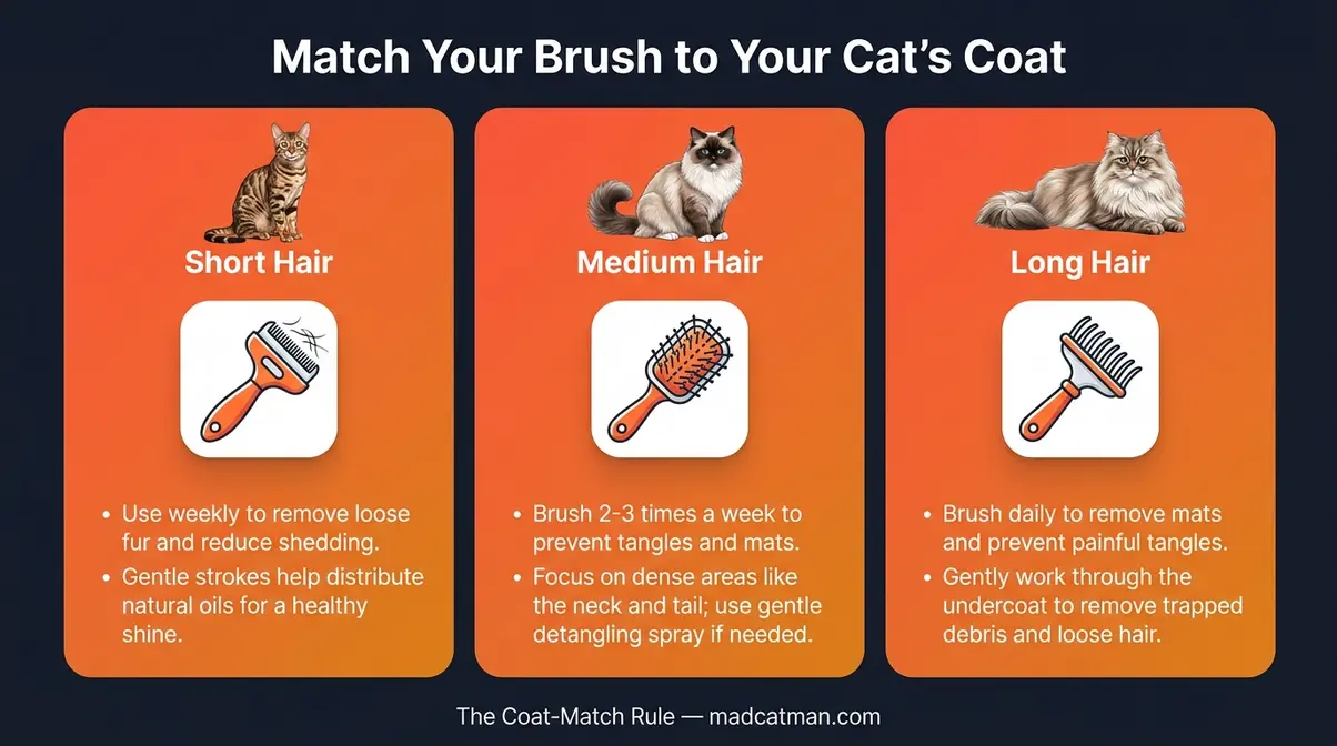 Infographic showing which cat brush type matches short, medium, and long cat coats for home grooming