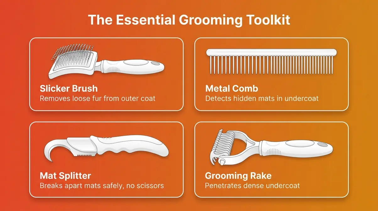 Infographic showing four essential long-haired cat grooming tools with labels and uses