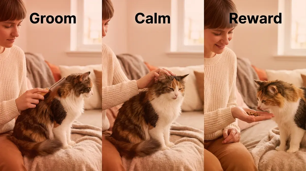 Three-panel illustration of the Groom-Calm-Reward Loop showing grooming, calming pause, and treat reward