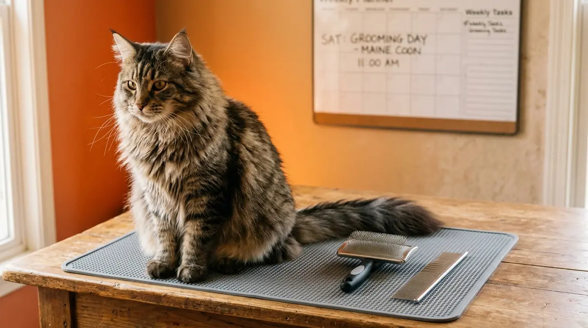 Long-haired cat sitting calmly on a grooming mat beside a metal comb and slicker brush