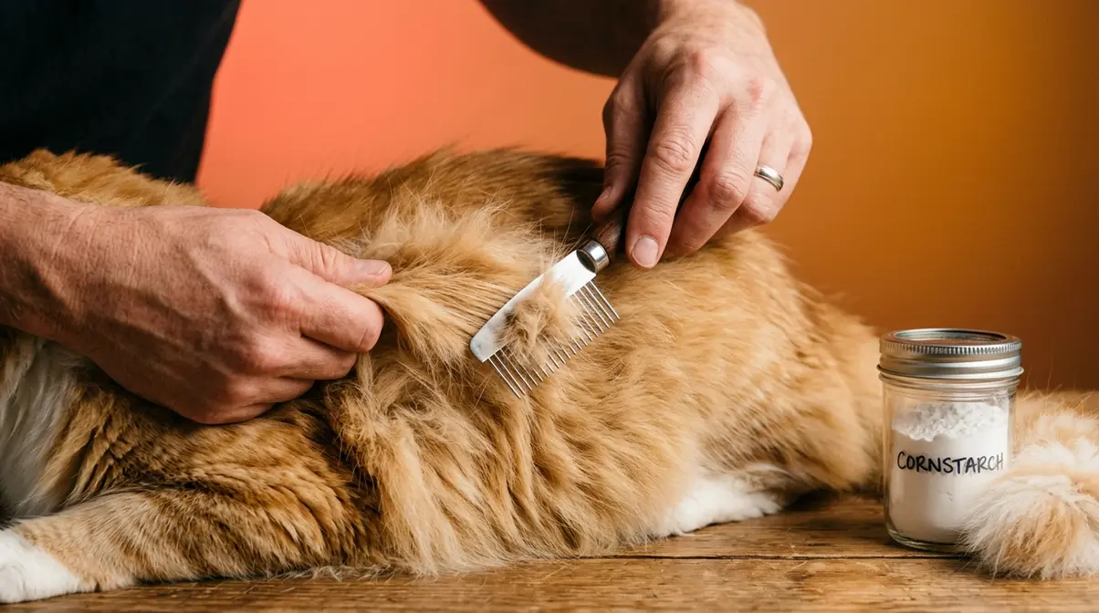 Hands using a mat splitter comb to safely remove a tangle from long-haired cat fur