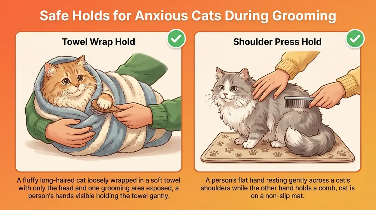 Illustrated diagram of two safe low-stress handling holds for grooming an anxious long-haired cat