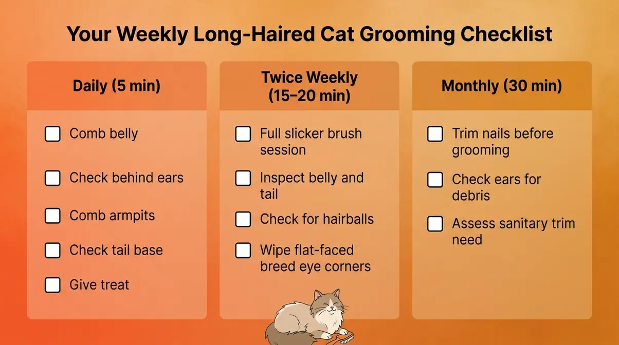 Weekly grooming checklist for long-haired cats with daily, twice-weekly, and monthly task columns