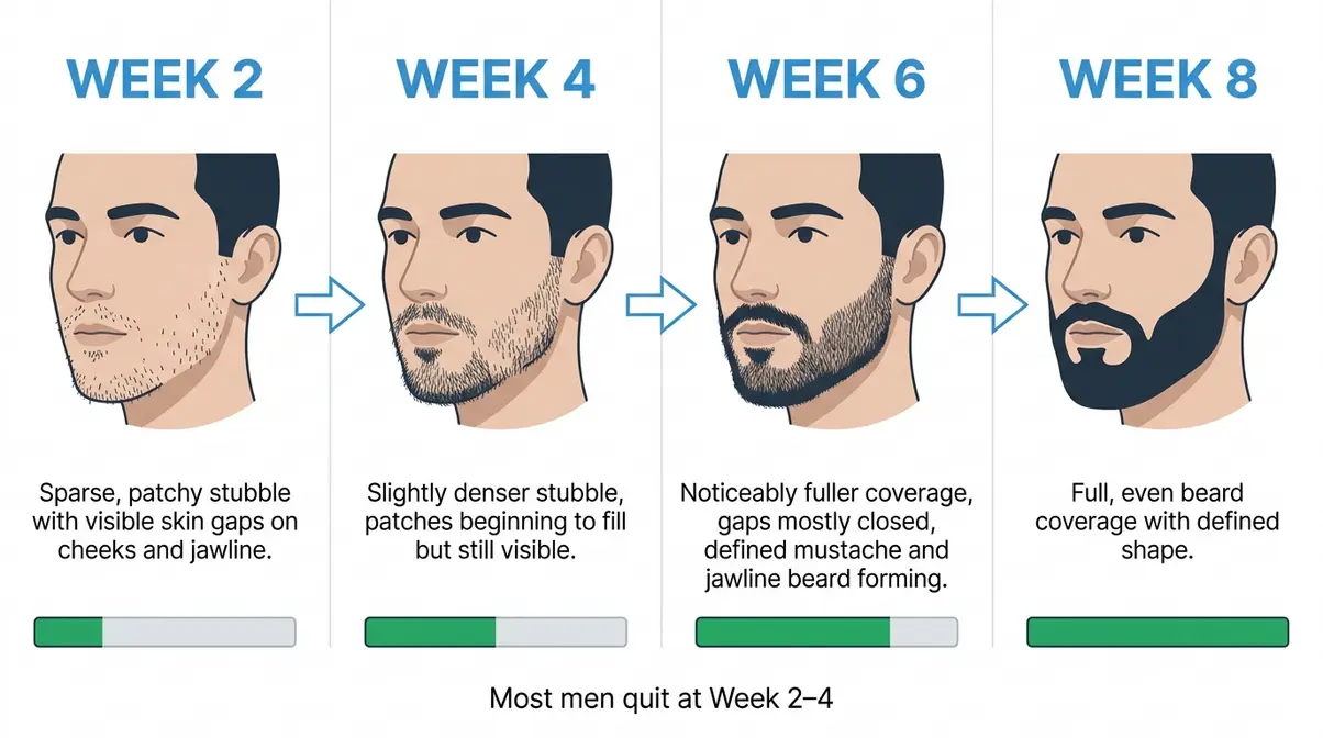 Beard growth progression illustration showing patchy stage at week 2 and fuller coverage at week 8