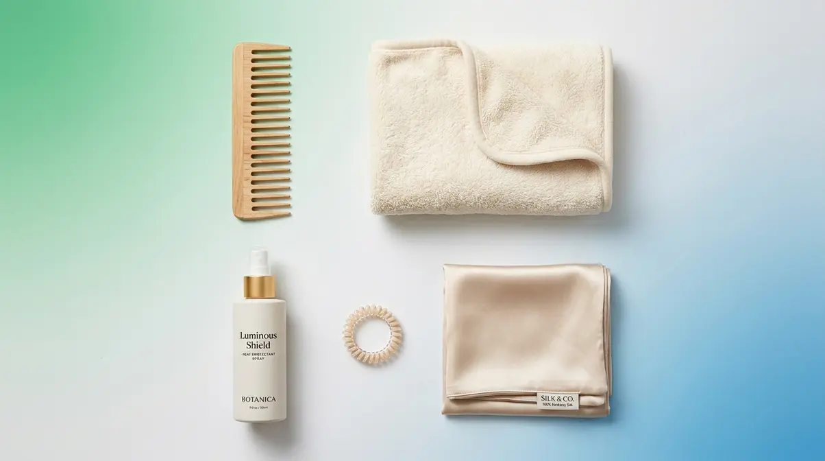 Hair breakage prevention tools including wide-tooth comb microfiber towel heat protectant and silk pillowcase