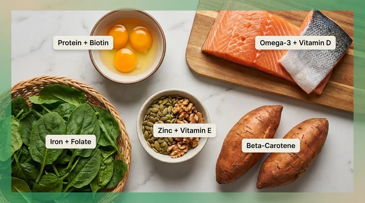 Foods that help grow hair faster including eggs salmon spinach and nuts rich in protein iron and zinc