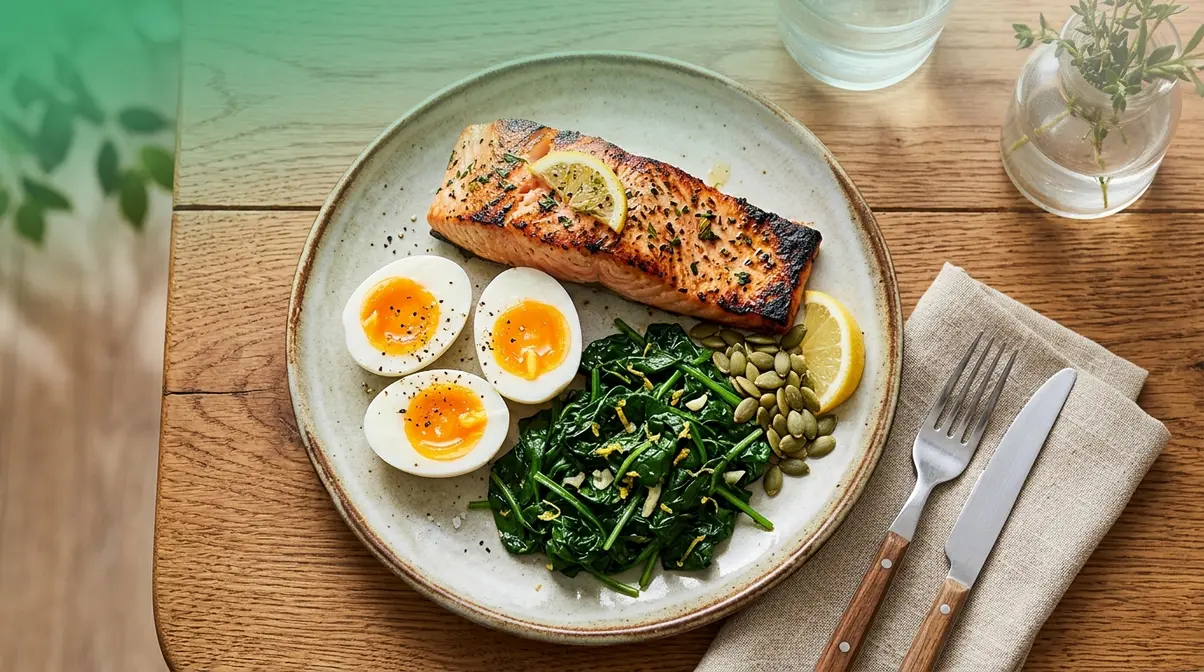 Balanced plate of hair growth foods including salmon eggs spinach and pumpkin seeds rich in protein and iron