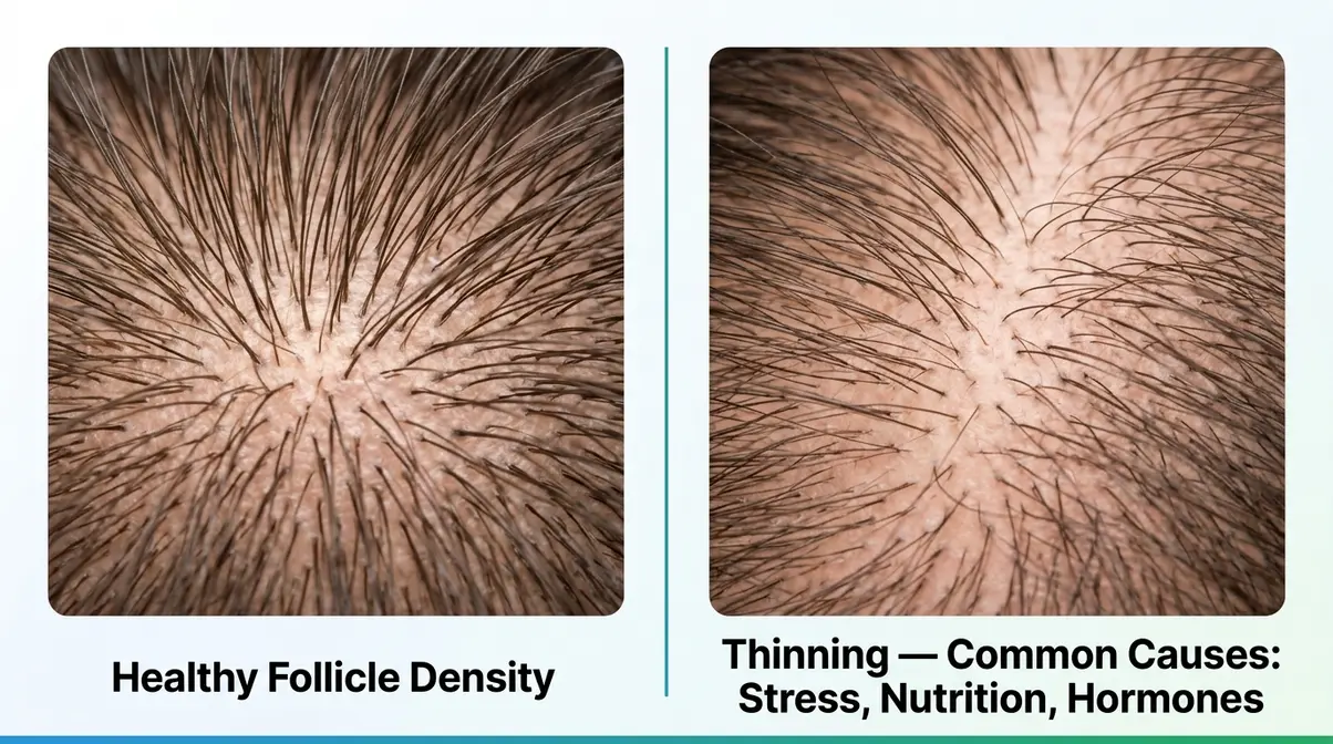 Side-by-side scalp comparison showing healthy hair density versus thinning hair from common causes