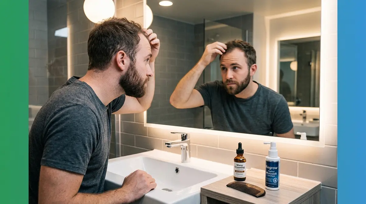 Man examining hairline and beard growth with minoxidil and beard oil products on bathroom counter