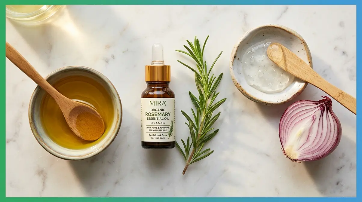Natural hair growth remedies including rosemary oil aloe vera and carrier oil for home hair treatment