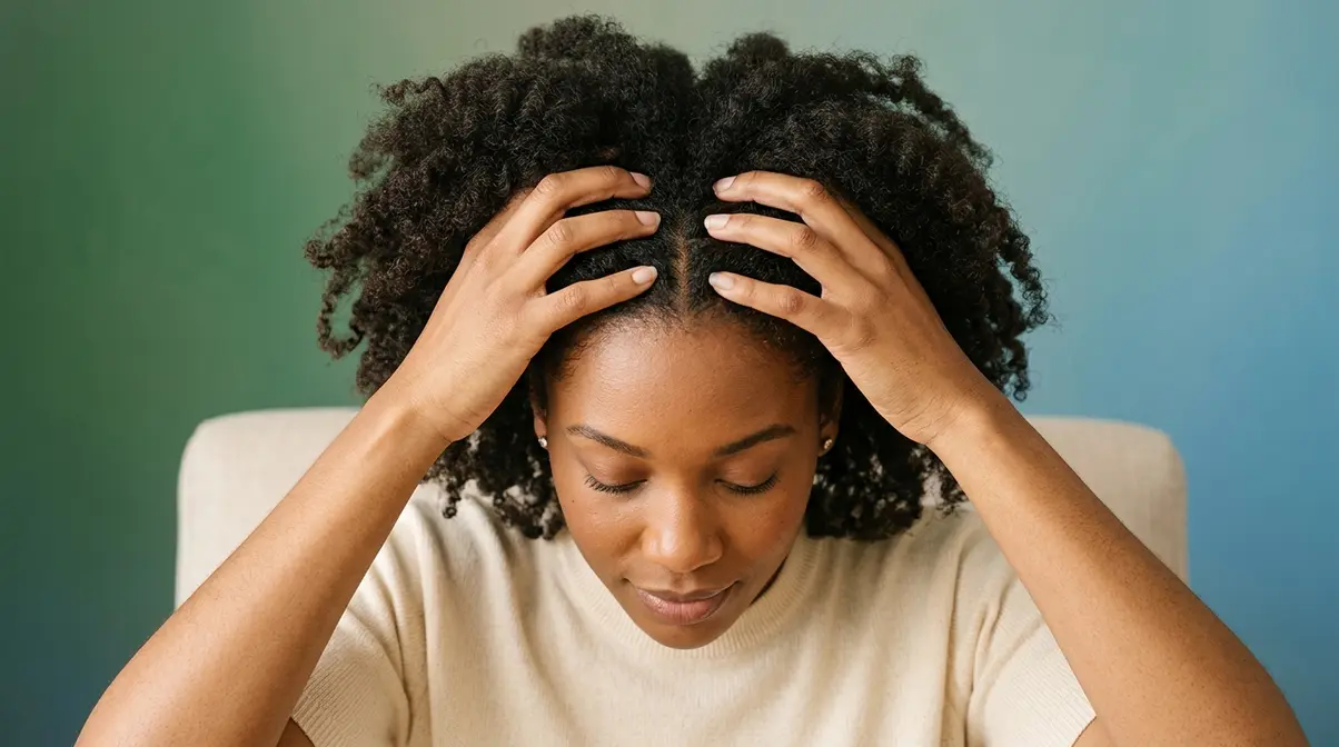 Woman massaging her scalp with fingertips to boost blood flow and grow hair faster at home