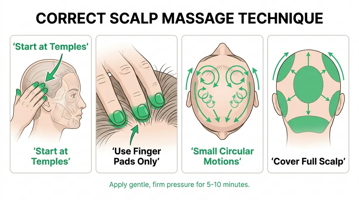 Diagram showing correct scalp massage technique to stimulate hair follicles and grow hair faster