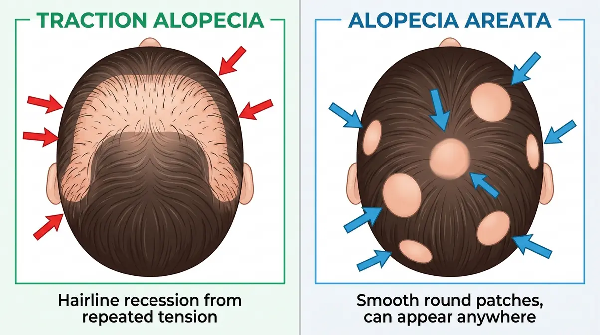 Diagram comparing traction alopecia and alopecia areata bald spot patterns to help identify hair loss type