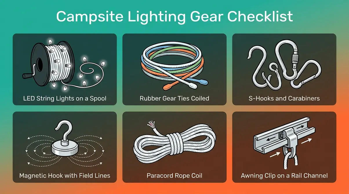 Campsite lighting gear checklist showing LED string lights, gear ties, magnetic hooks, and paracord
