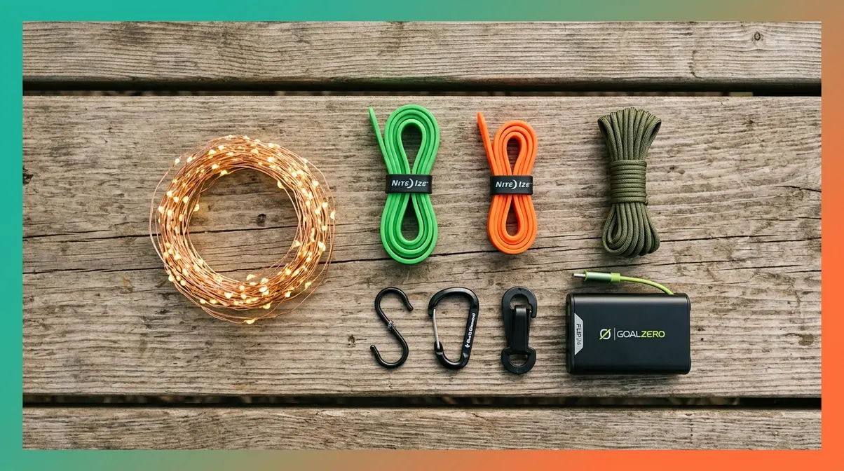Campsite lighting gear flat lay showing LED string lights, gear ties, S-hooks, and paracord on a picnic table