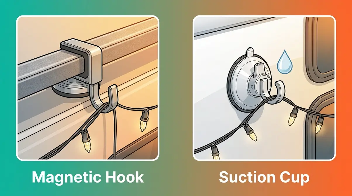 Magnetic hook and suction cup side-by-side comparison for hanging campsite lights without drilling