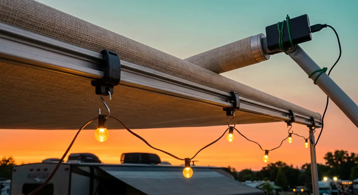 RV awning with LED string lights attached using awning rail clips in a festoon arrangement