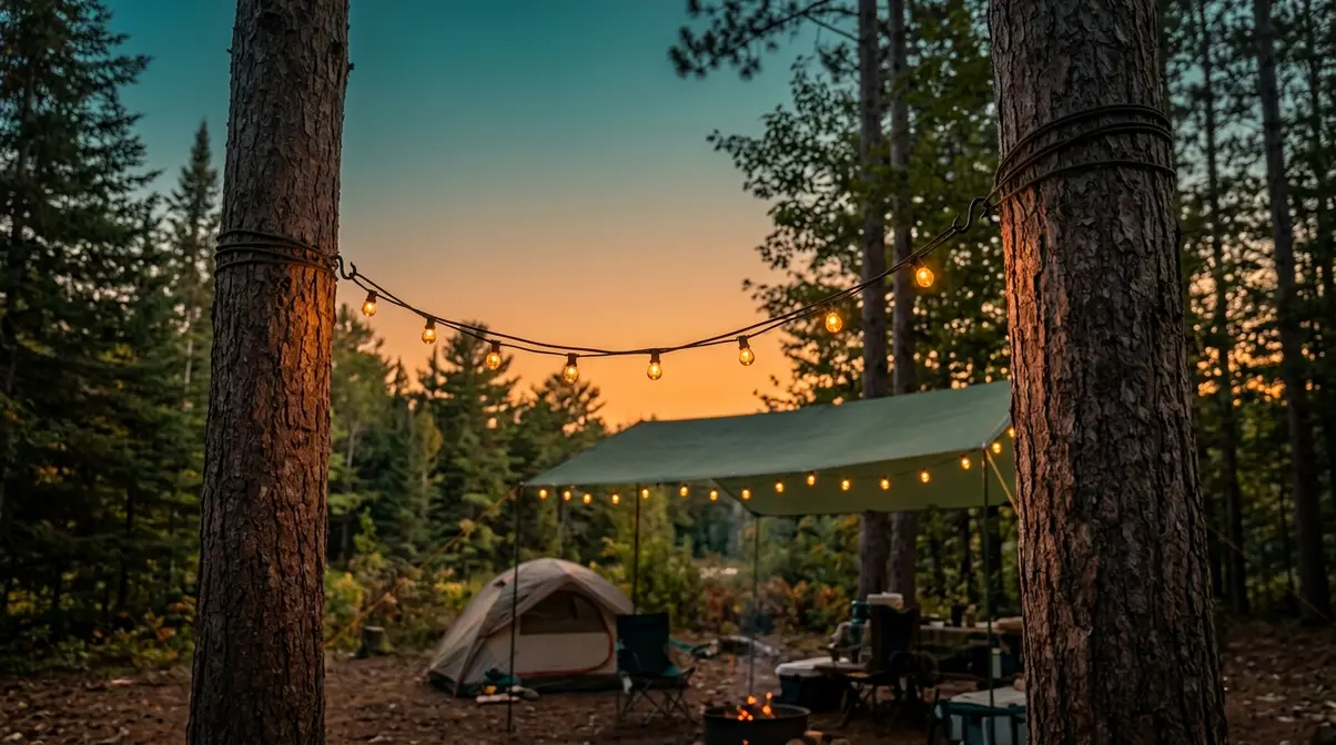 String lights strung between two tree trunks using loose paracord wraps and S-hooks at a campsite