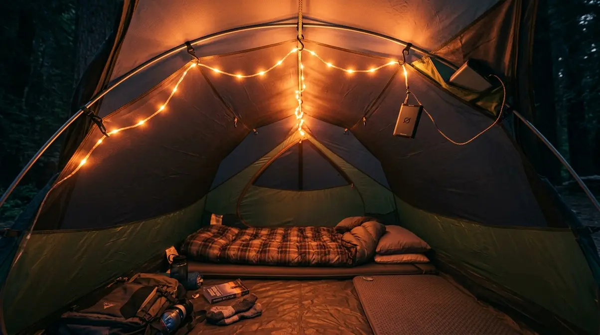 LED string lights hanging inside a tent using gear loops and a paracord ridgeline
