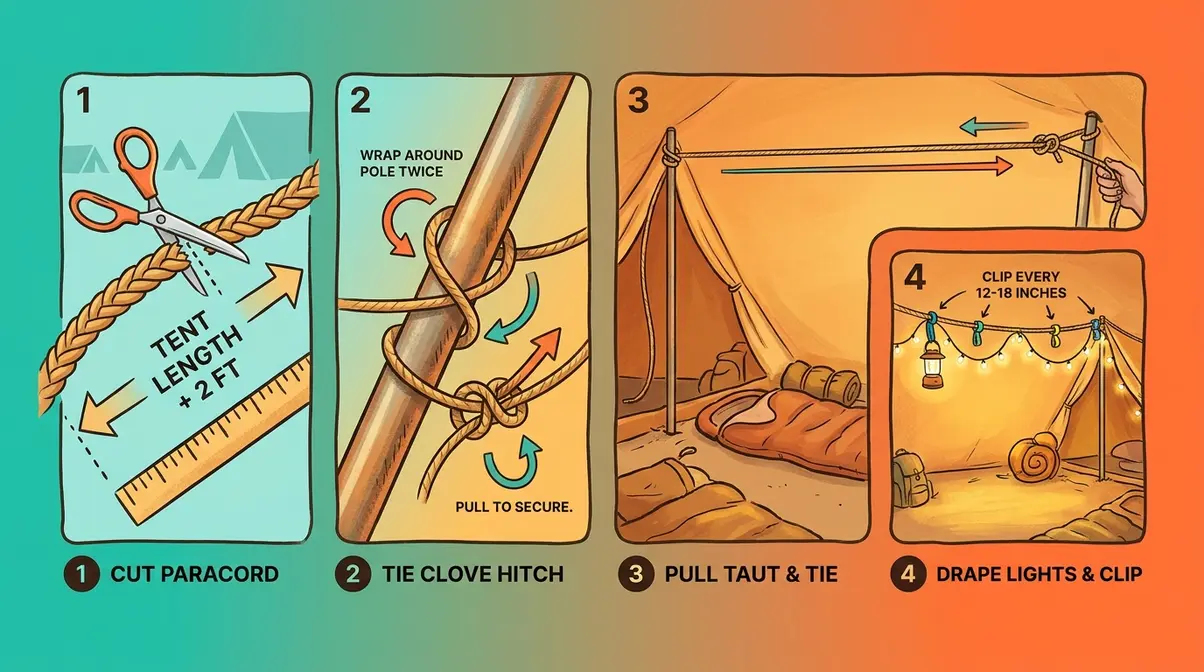 Step-by-step diagram of paracord ridgeline tied between tent poles with string lights draped across