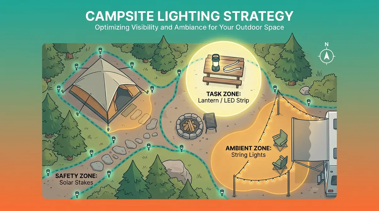 Diagram showing how to hang lights at campsite using three zones task ambient and safety