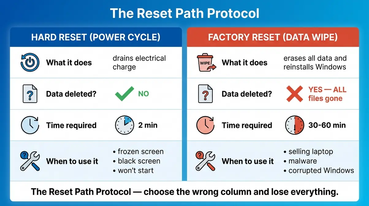 Hard reset vs factory reset HP laptop comparison infographic showing data loss and time differences