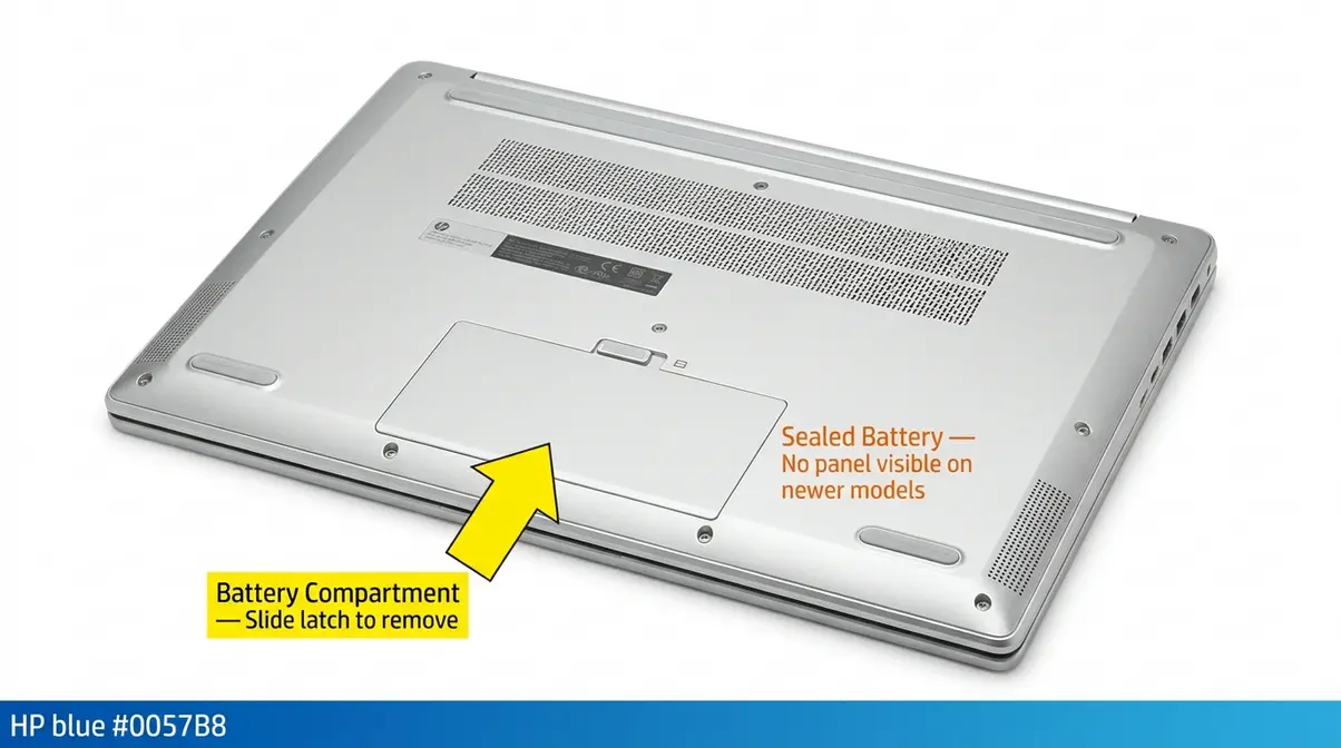 HP laptop underside showing removable battery compartment location with annotation labels