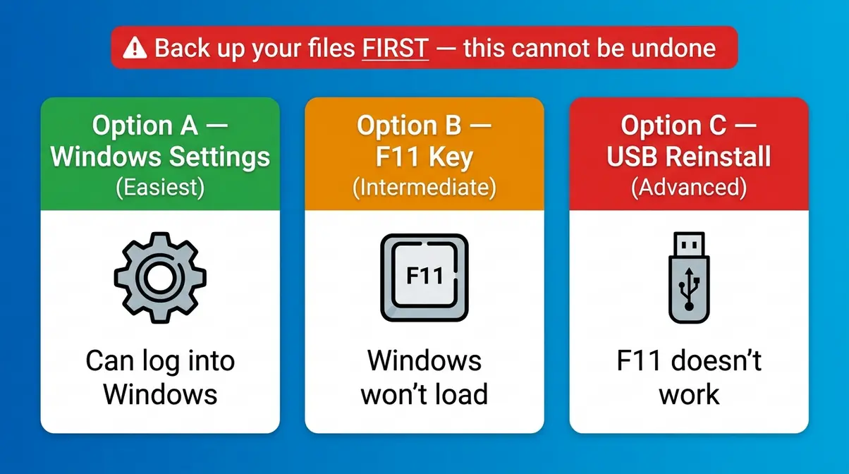 HP laptop factory reset three method options showing Windows Settings F11 key and USB reinstall paths