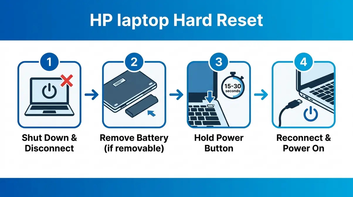 Four-step HP laptop hard reset process diagram showing disconnect hold reconnect and power on steps
