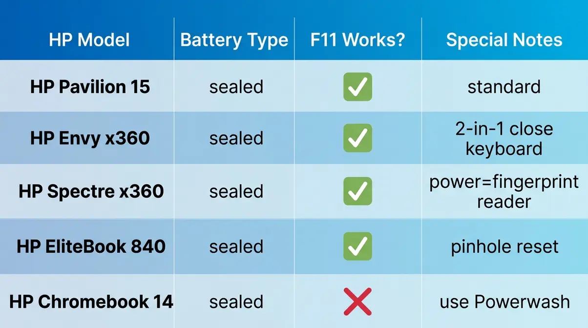 HP laptop models comparison grid showing battery type F11 support and reset notes for Pavilion Envy EliteBook