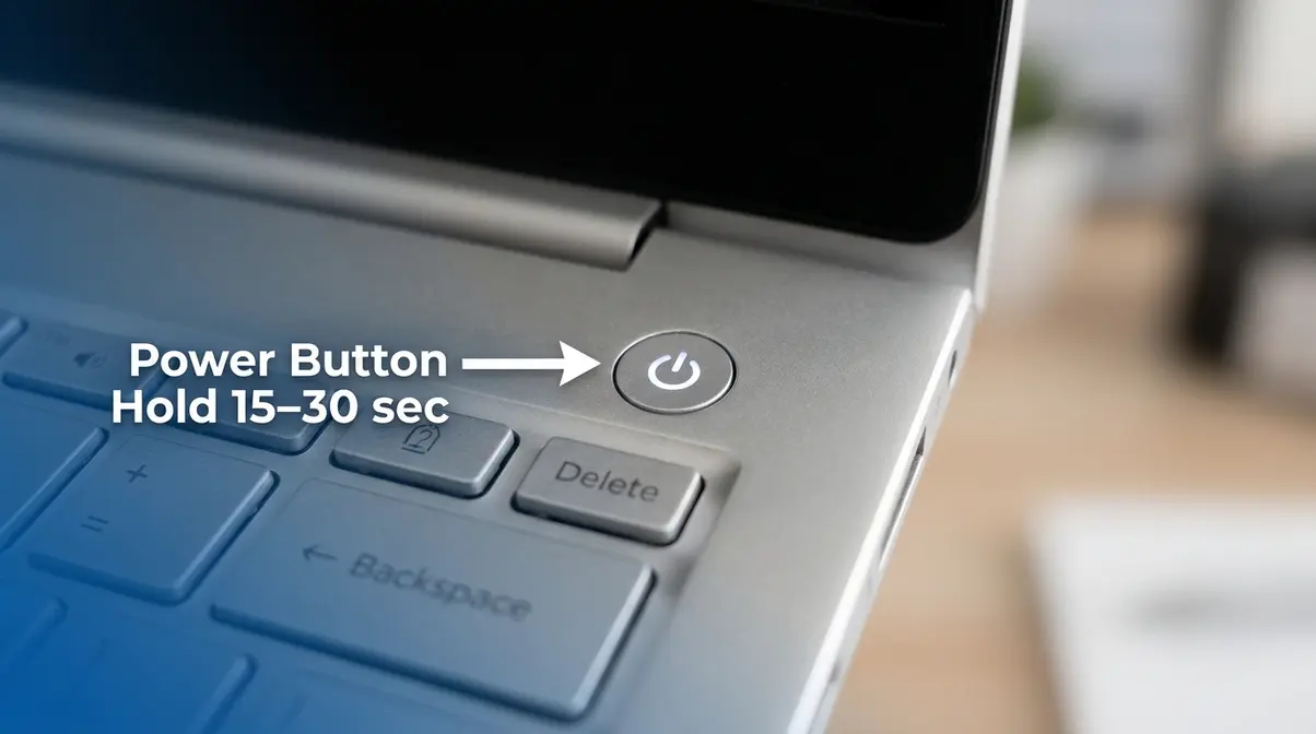 HP laptop power button location annotated with arrow for hard reset step one