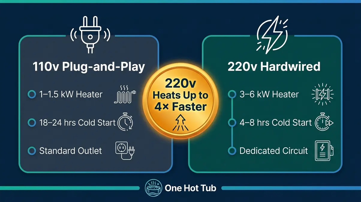 Infographic comparing 110v vs 220v hot tub heating speed and wattage
