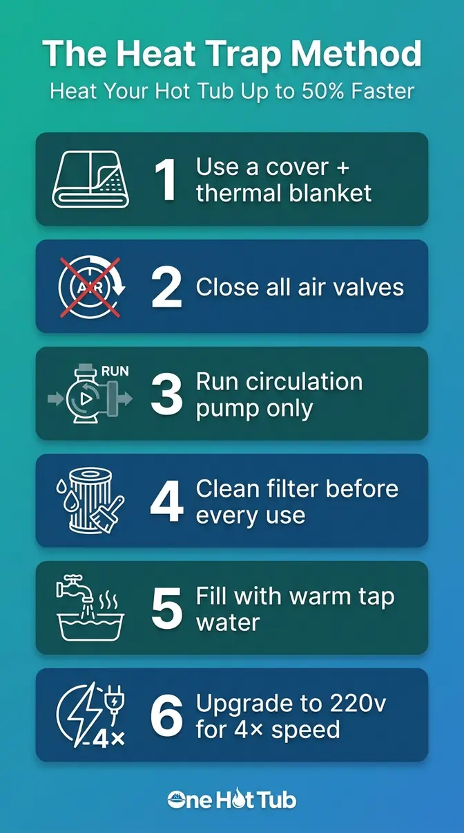 Infographic showing 6 steps of The Heat Trap Method for heating a hot tub faster