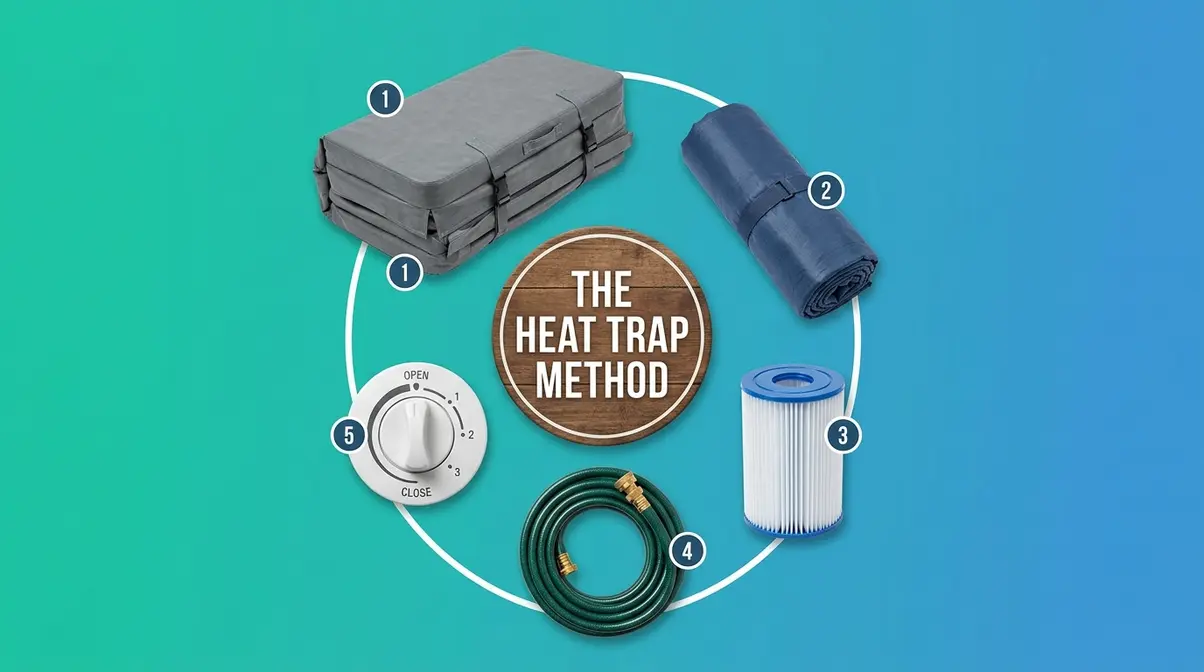Hot tub heating accessories arranged showing The Heat Trap Method six-step overview